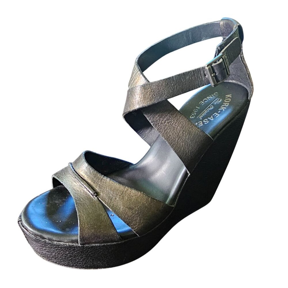 Kork Ease Metallic Black Leather Strappy Platform Sandals Women's Size 9/40.5